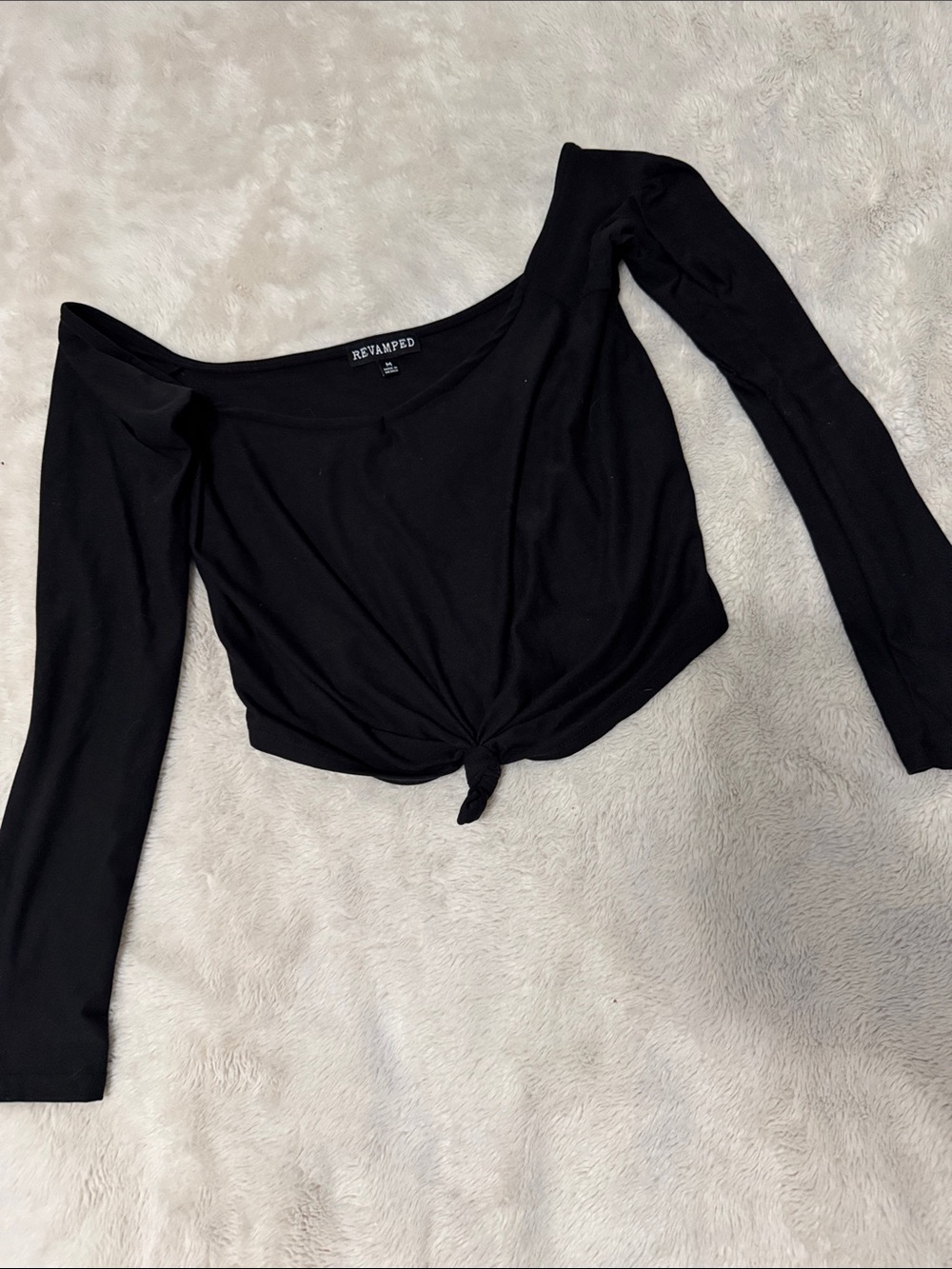 Revamped Black Off-Shoulder Tie-Front Long Sleeve Crop Top | M | NWOT